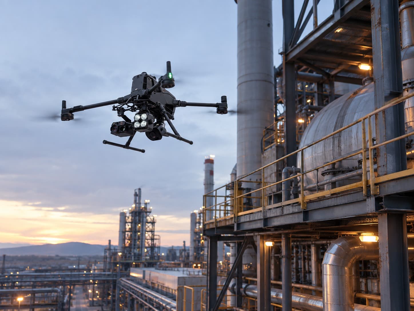 Dron DJI sobrevolando una planta industrial al atardecer