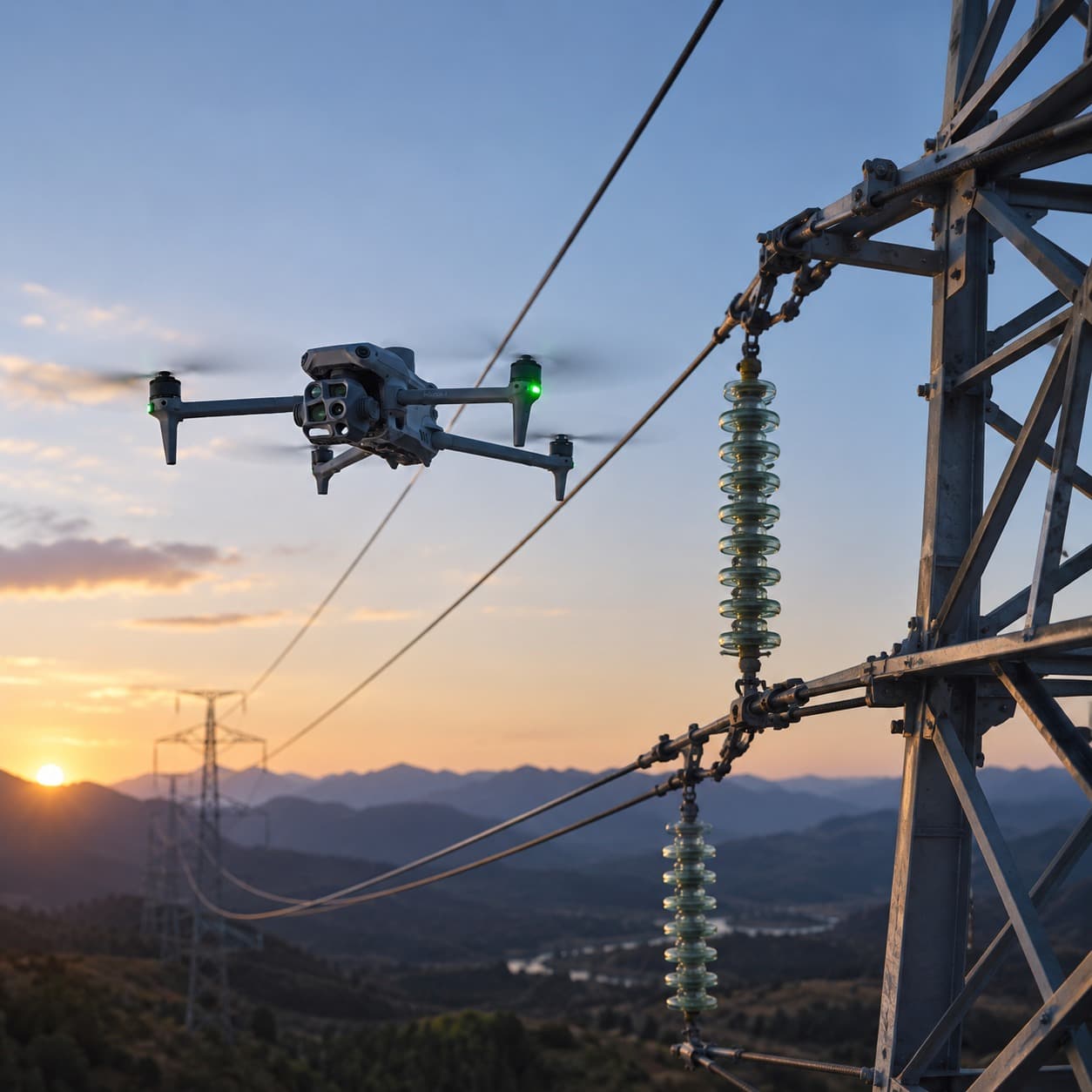 Dron DJI inspeccionando una torre de alta tensión al atardecer