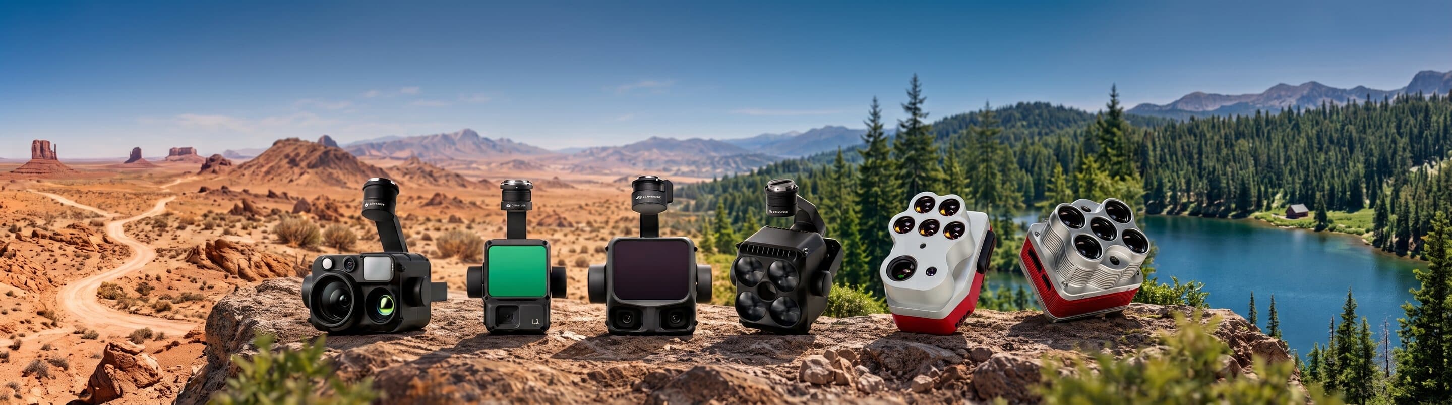 Payloads DJI Zenmuse y cámaras multiespectrales MicaSense sobre una roca, entre desierto y bosque